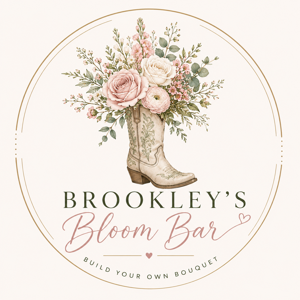 Brookley's Bloom Bar logo, a cowboy boot overflowing with soft pink and cream flowers